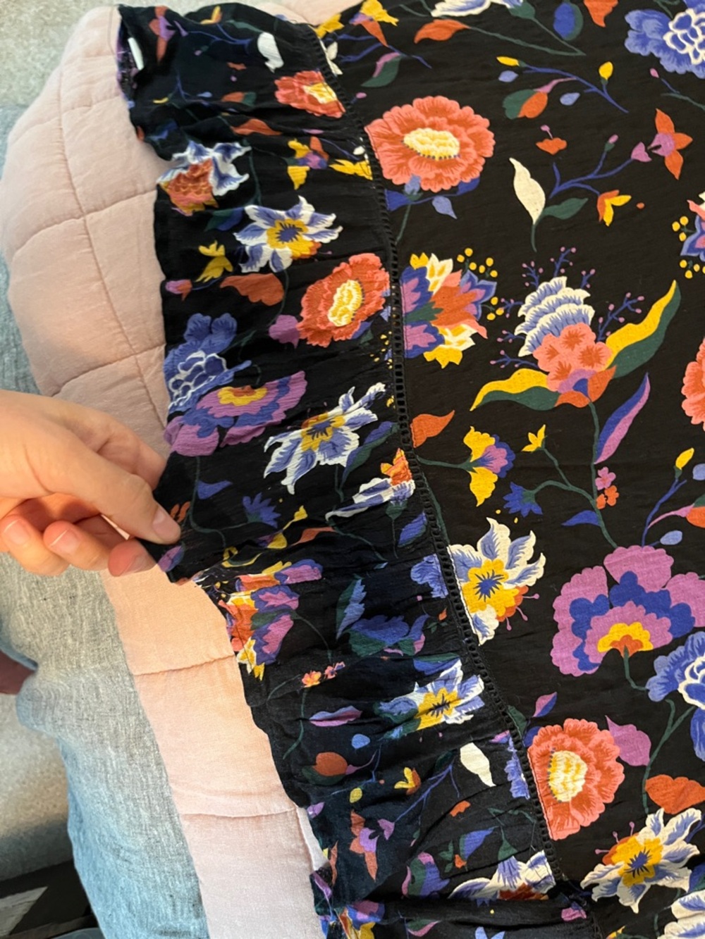 Anthropologie Black Floral Blouse with Purple, Blue, Yellow and Orange Flowers - Picture 6 of 8